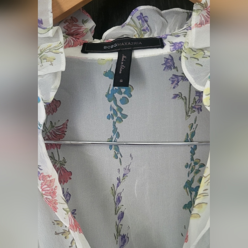 BCBGMaxAzria Cream Sheer Tiered Sundress with Bishop Sleeves - Picture 6 of 13